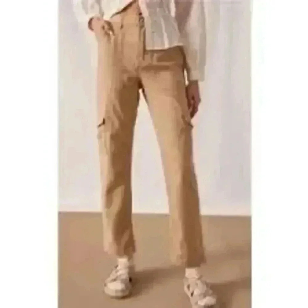 Anthropologie Womens Khaki Metallic Gold Stripe Cargo Pants Size 12
